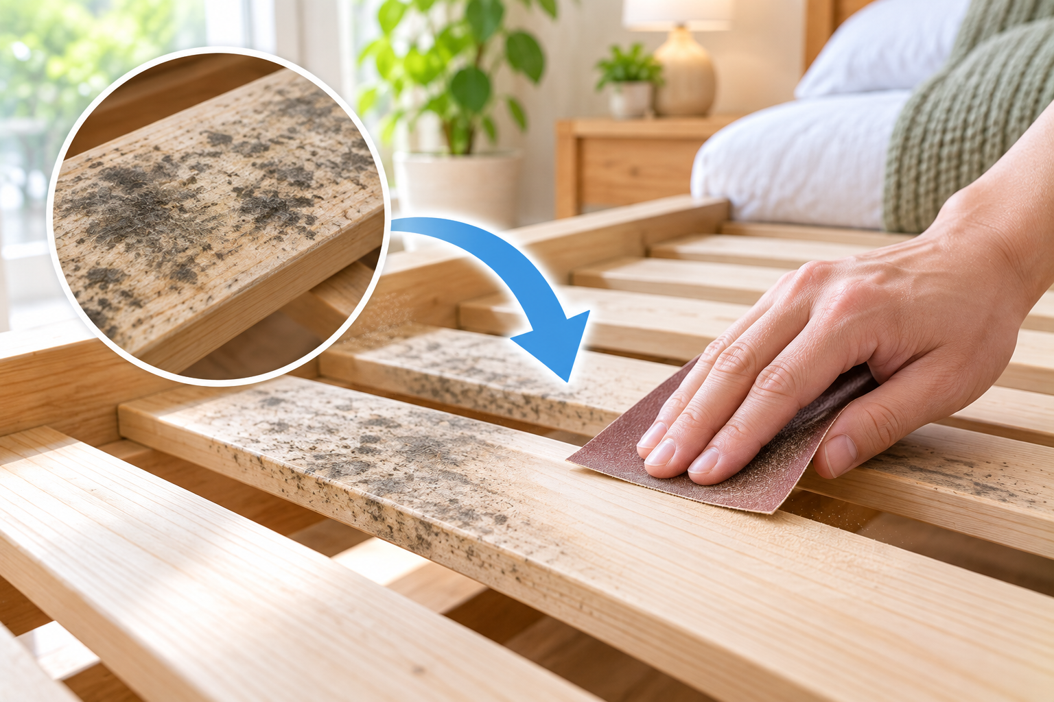 カビた木製ベッドを丁寧に研磨するDIY補修