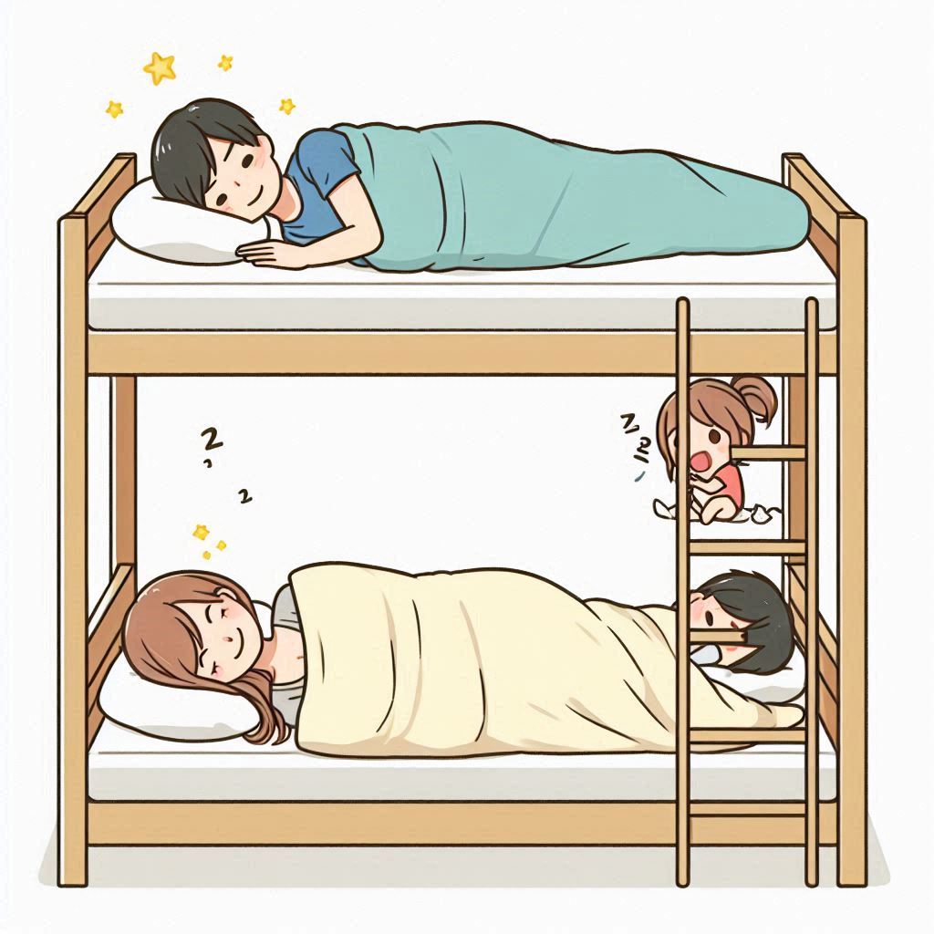 夫婦が二段ベッドで寝ている