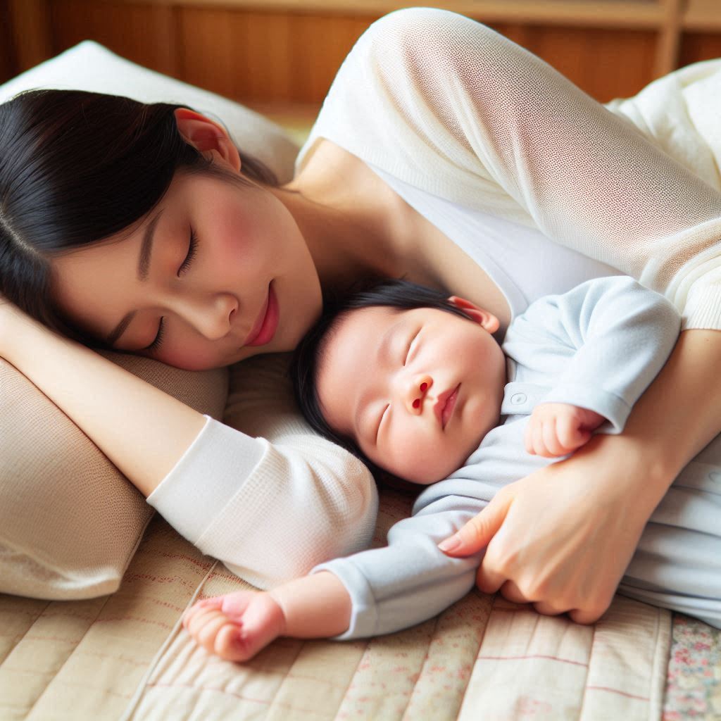 布団で赤ちゃんと添い寝をしている日本人のお母さん