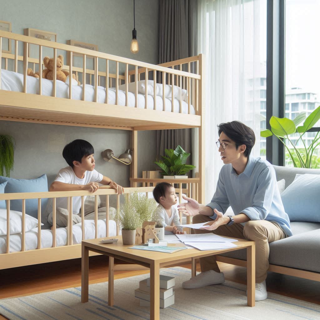 二段ベッドは赤ちゃんから大人まで使えることを説明している専門家