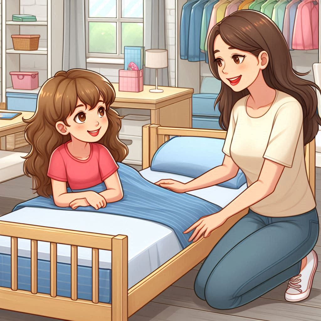 お母さんが小学生の女の子のシングルベッドを選んでいる