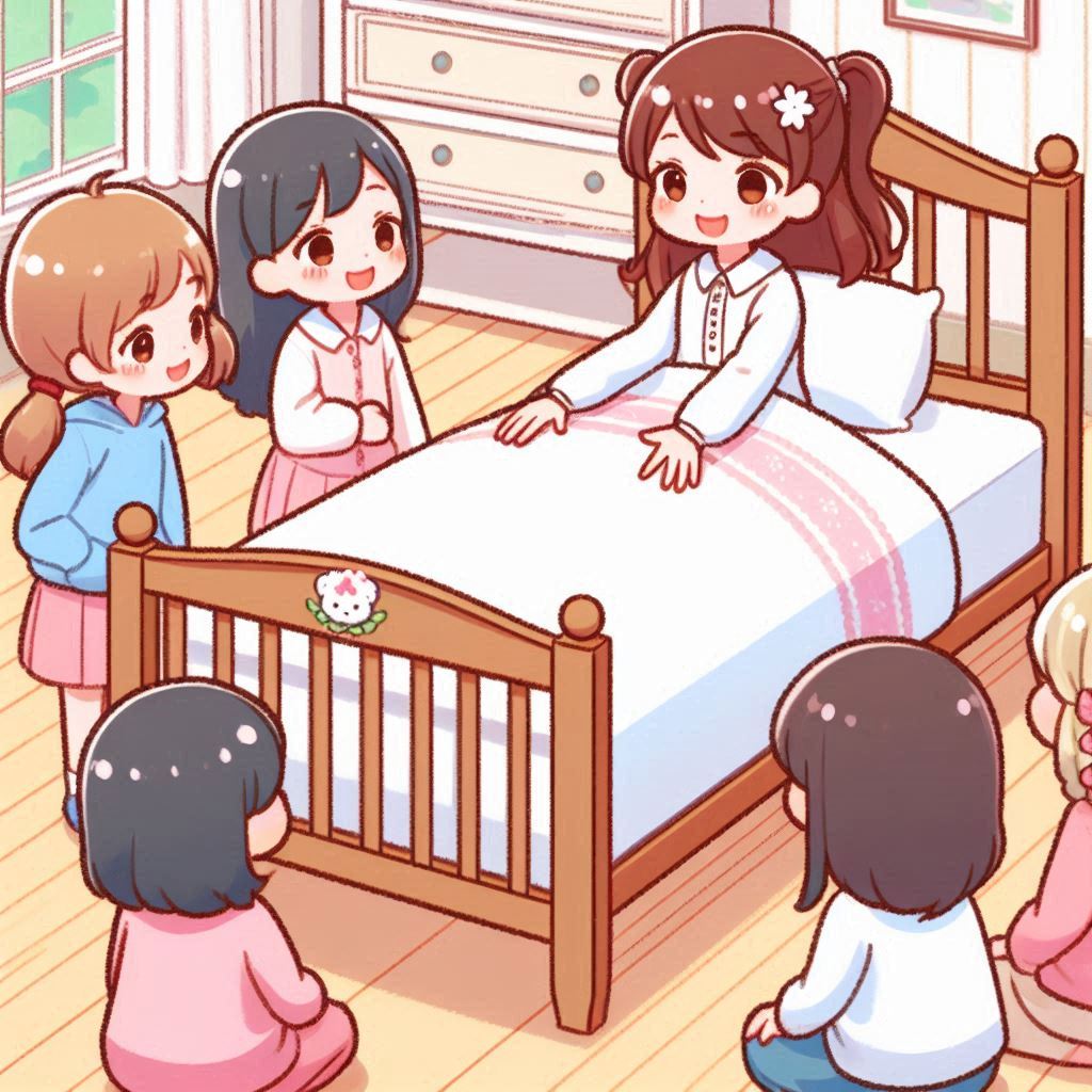 小学生が好きそうなデザインのベッドを選んでいる
