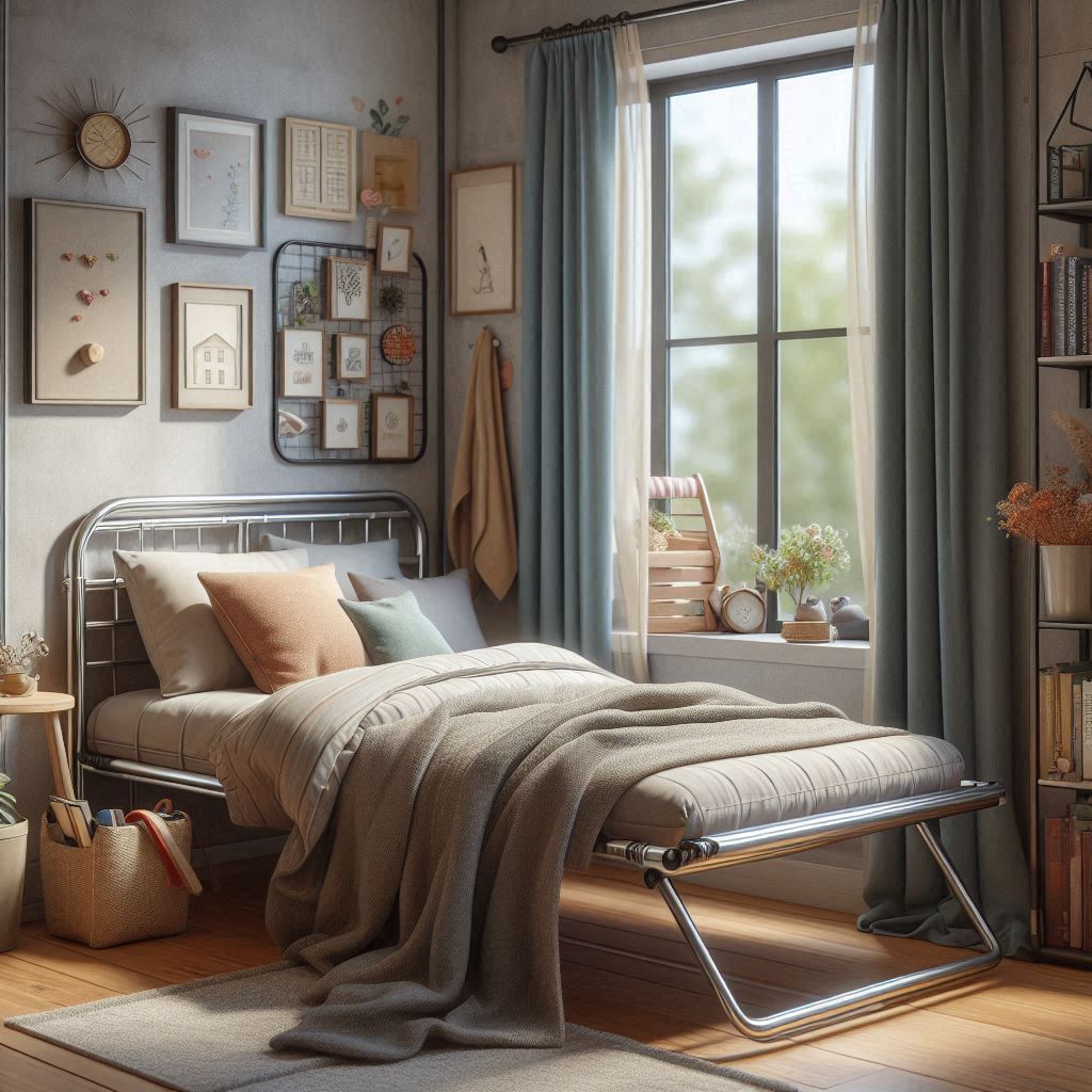 狭い部屋に折りたたみベッドが置いてある