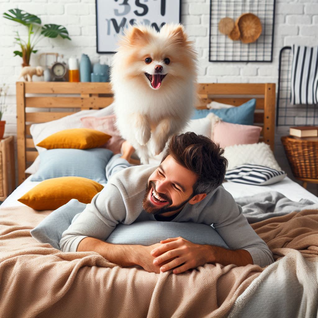 お父さんがいるベッドに小型犬が飛び乗っている
