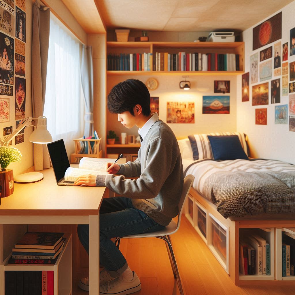 狭い部屋にベッドを置いている大学生