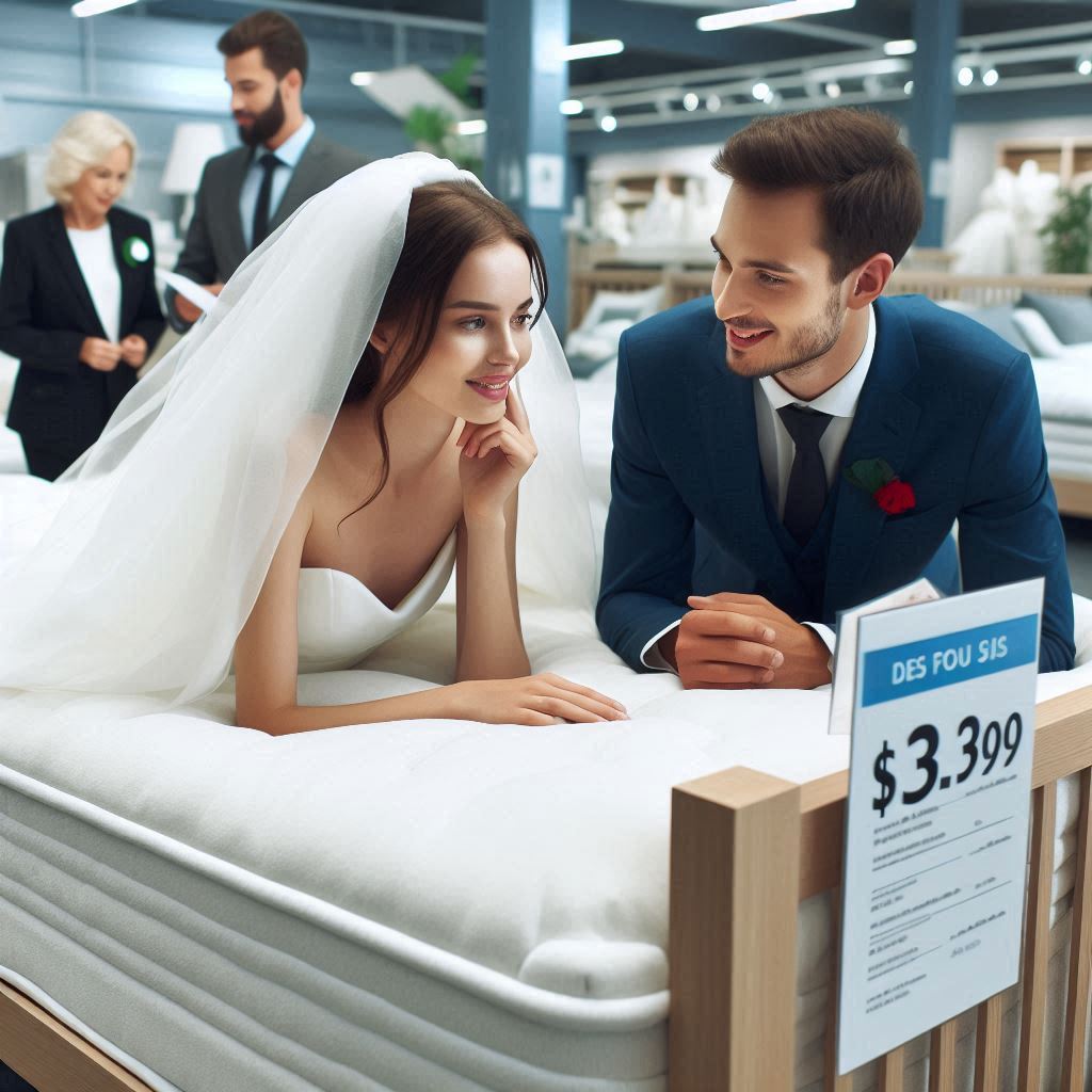 新婚夫婦がベッドの値段を考えている