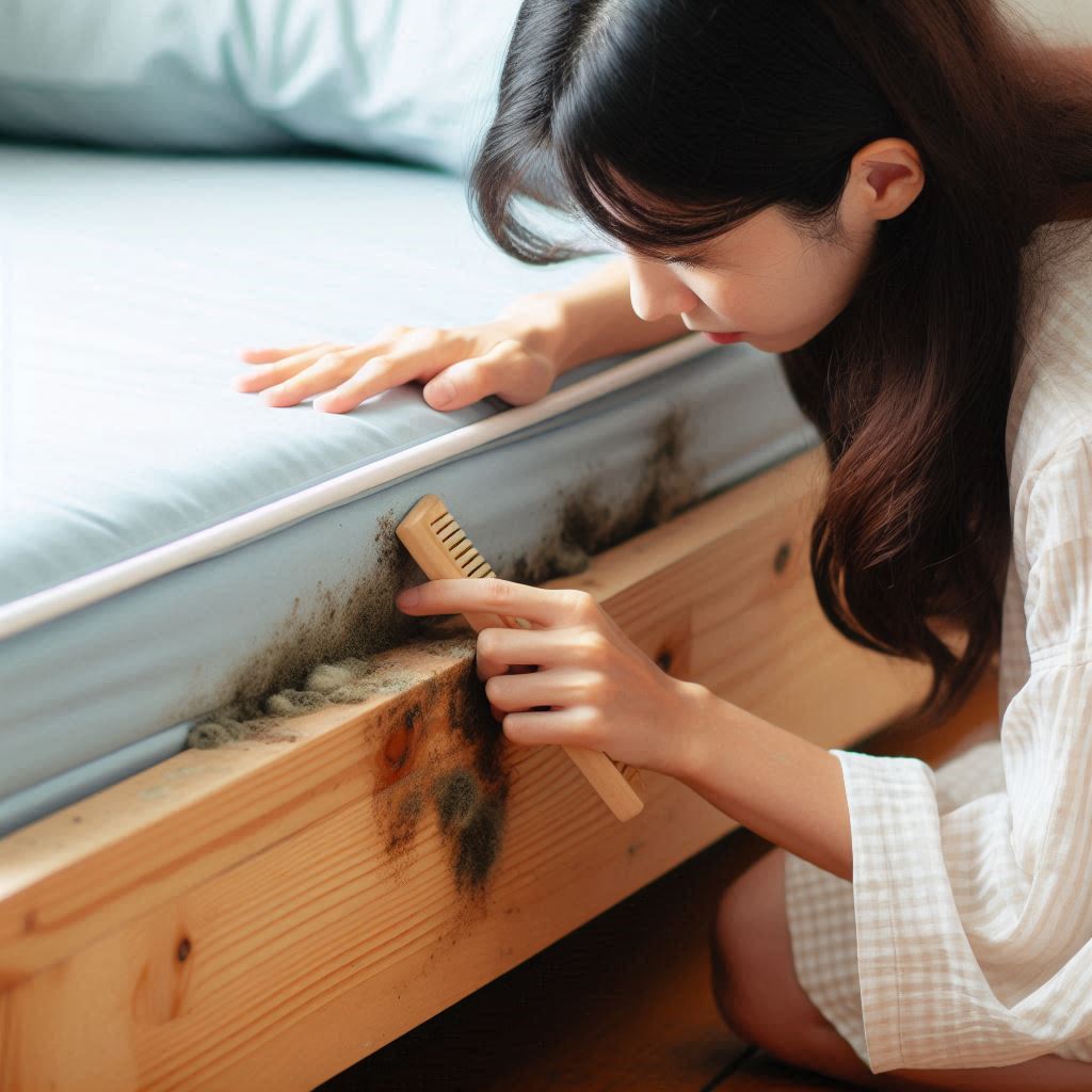 すのこベッドに生えたカビを除去している