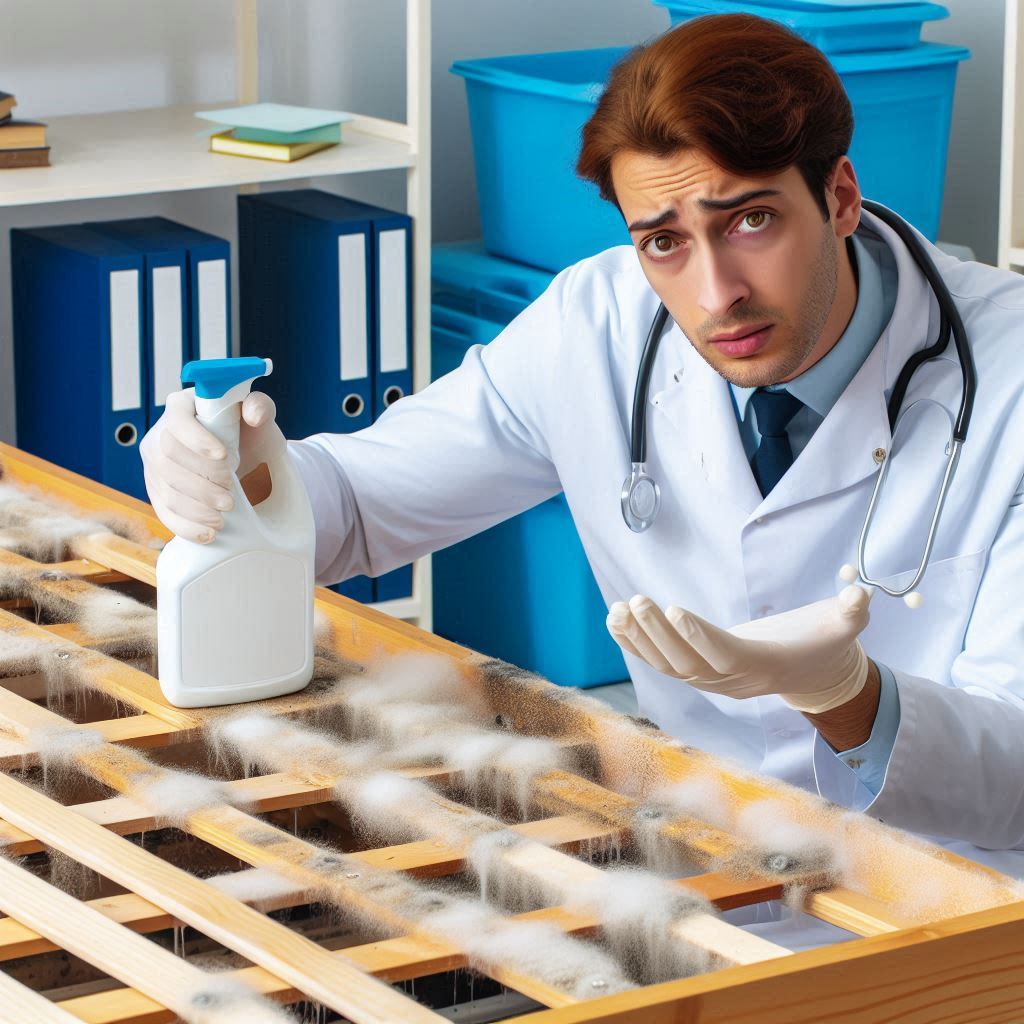 漂白剤を使ったすのこベッドのカビ取り方法を説明している専門家。
