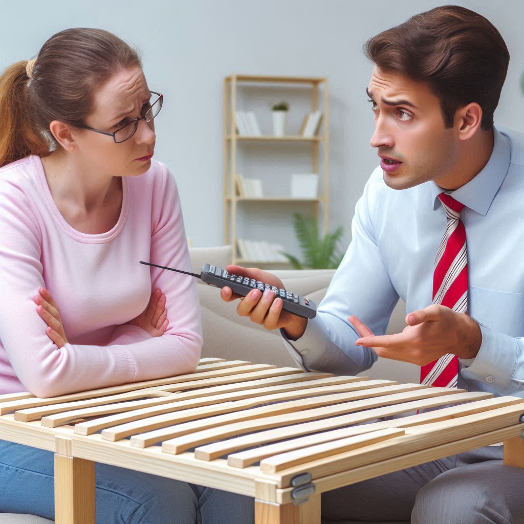 すのこベッドはきしみ音がしやすい事を専門家が女性に説明している