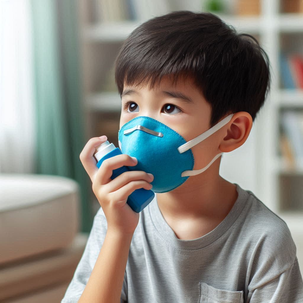 喘息でマスクをしている子供