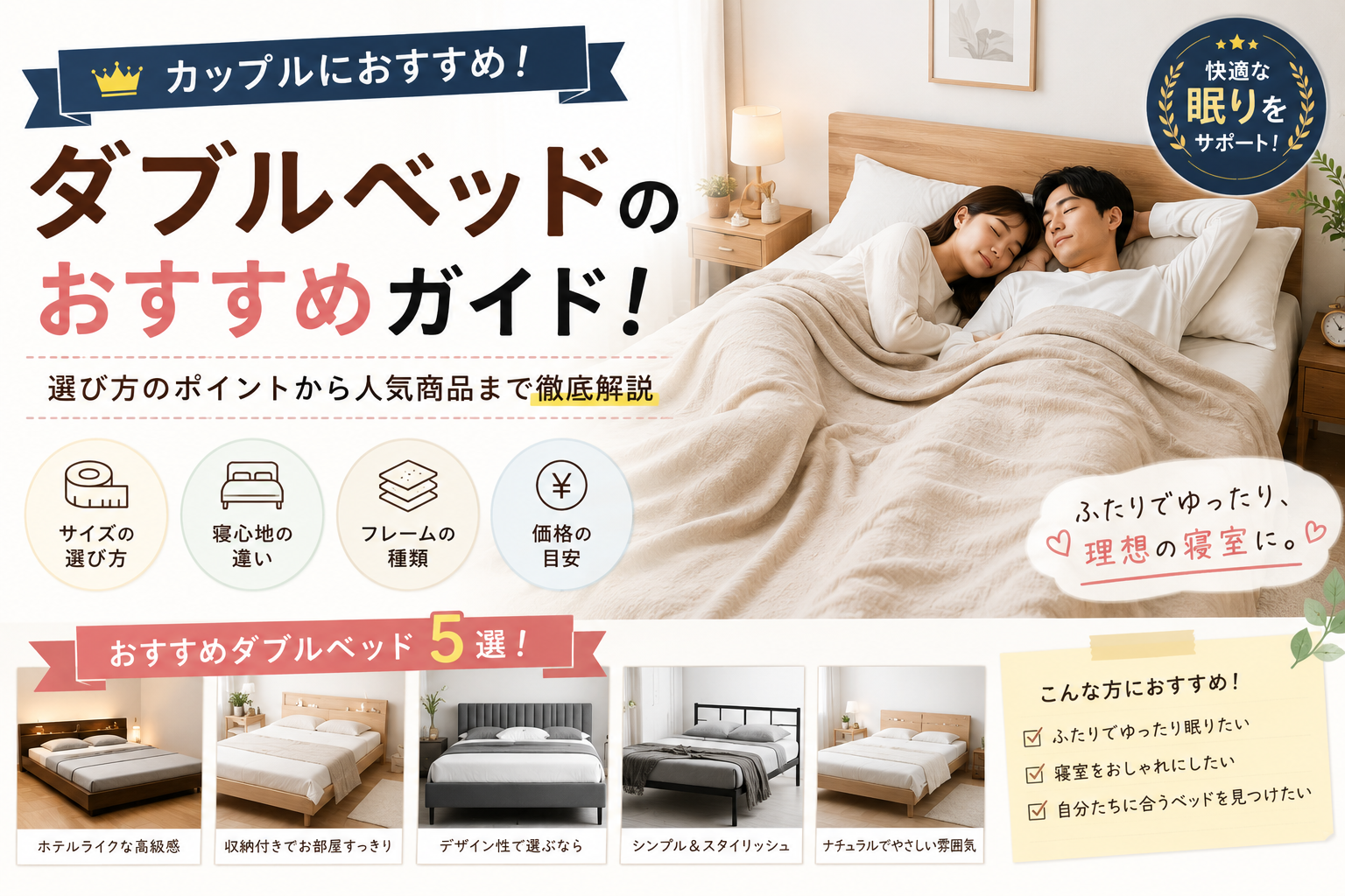 カップルにおすすめ！ダブルベッドの販売台数ランキング5選！【睡眠・寝具指導士監修】