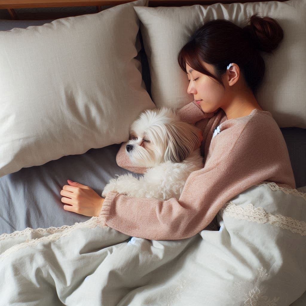 セミダブルベッドで女性と小型犬が一緒に寝ている