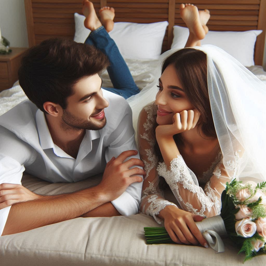 セミシングルベッドに新婚夫婦が横になっている。