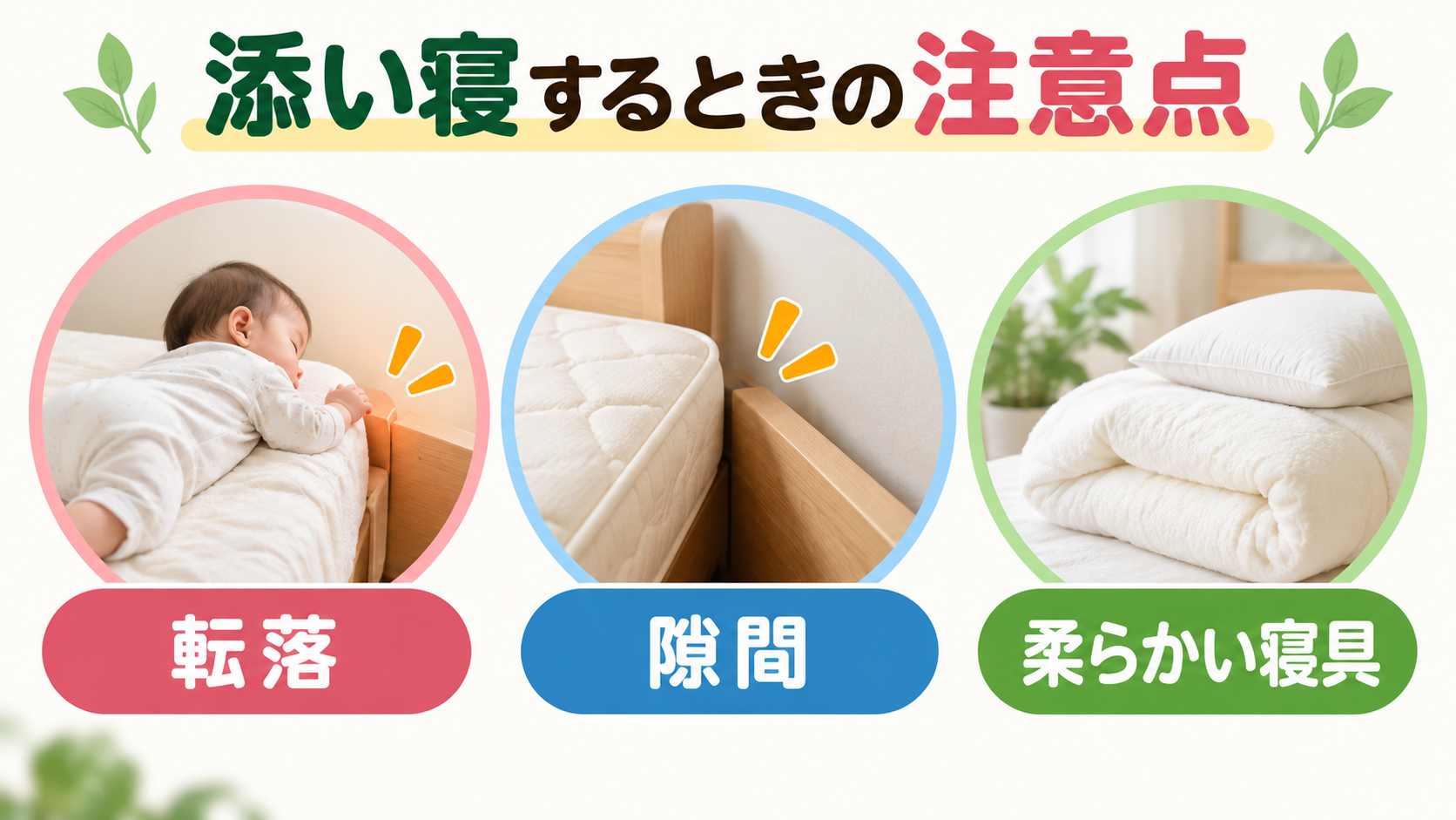 添い寝で気をつける転落・隙間・柔らかい寝具を示した図