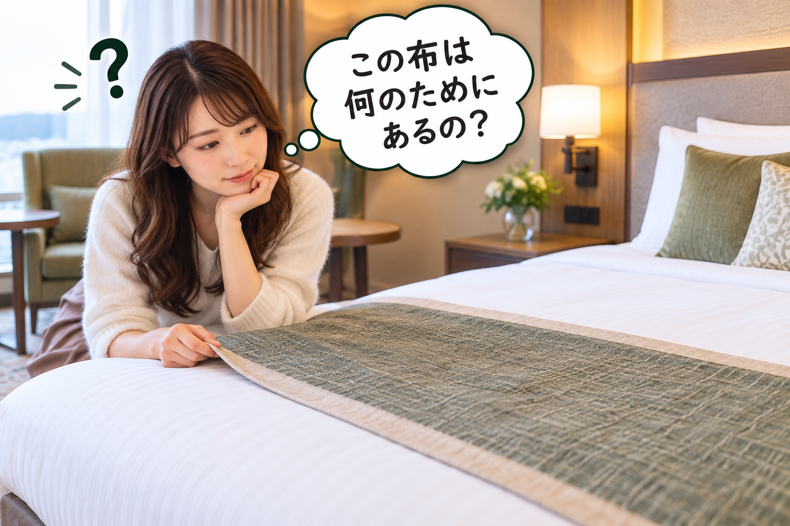 ホテルのベッドでフットスローの役割を考える女性