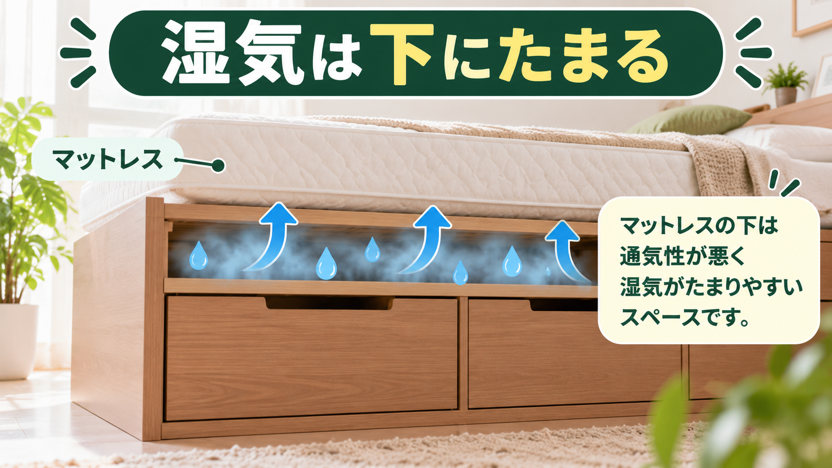 チェストベッドのマットレス下に湿気がたまるイメージ