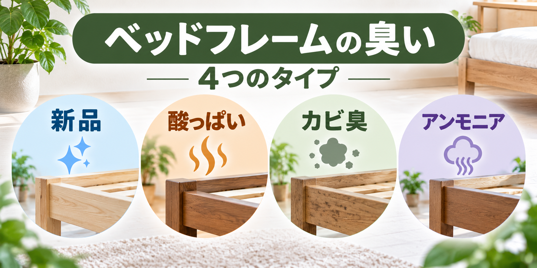 ベッドフレームの臭いを新品・酸っぱい・カビ臭・アンモニアの4タイプに分けた図