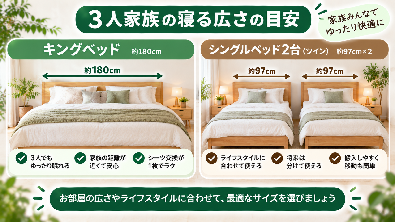 3人家族で使うキングベッドとシングルベッド2台の幅を比較した図