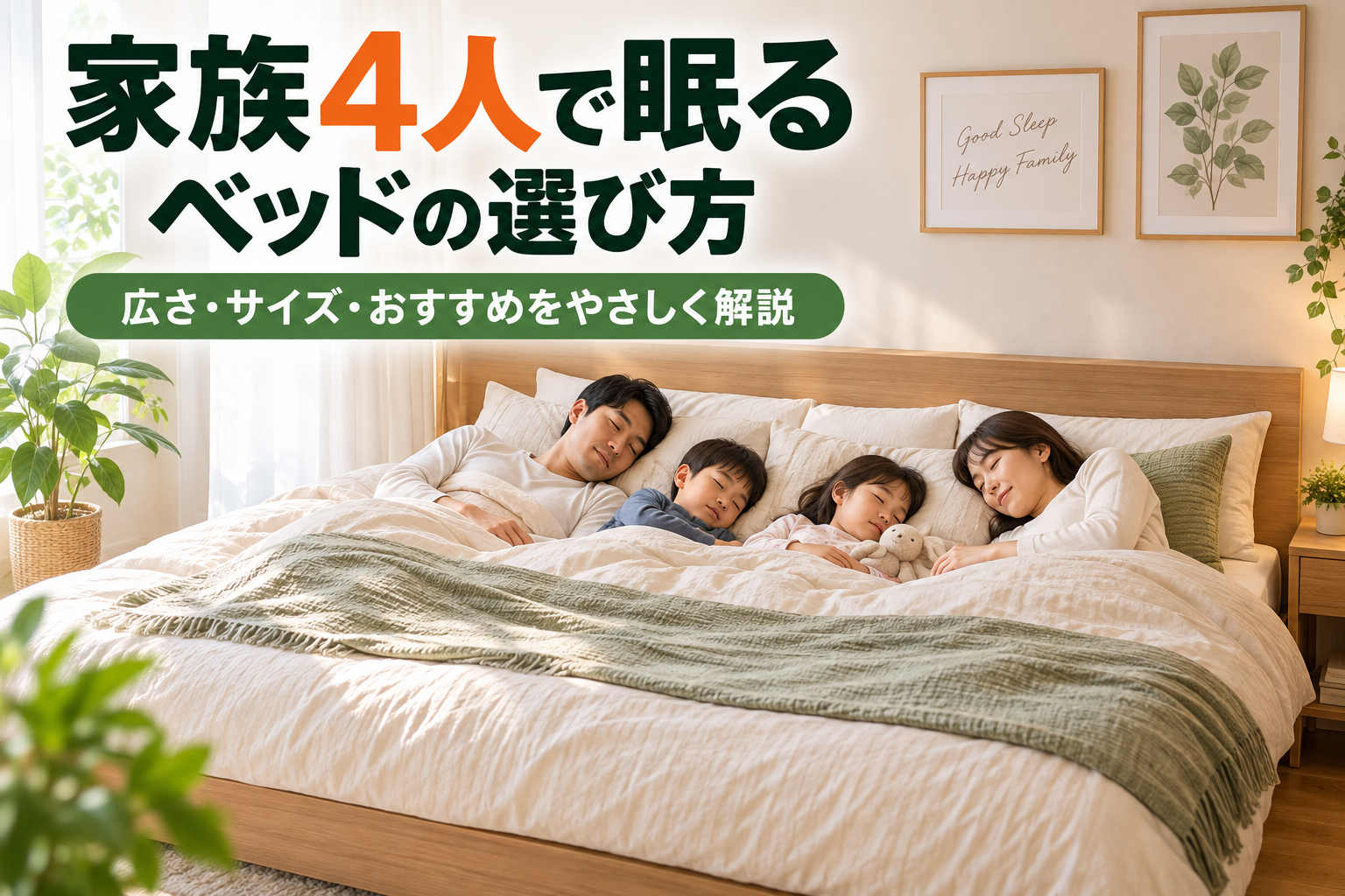 家族4人がワイドキングのファミリーベッドで並んで寝るイメージ
