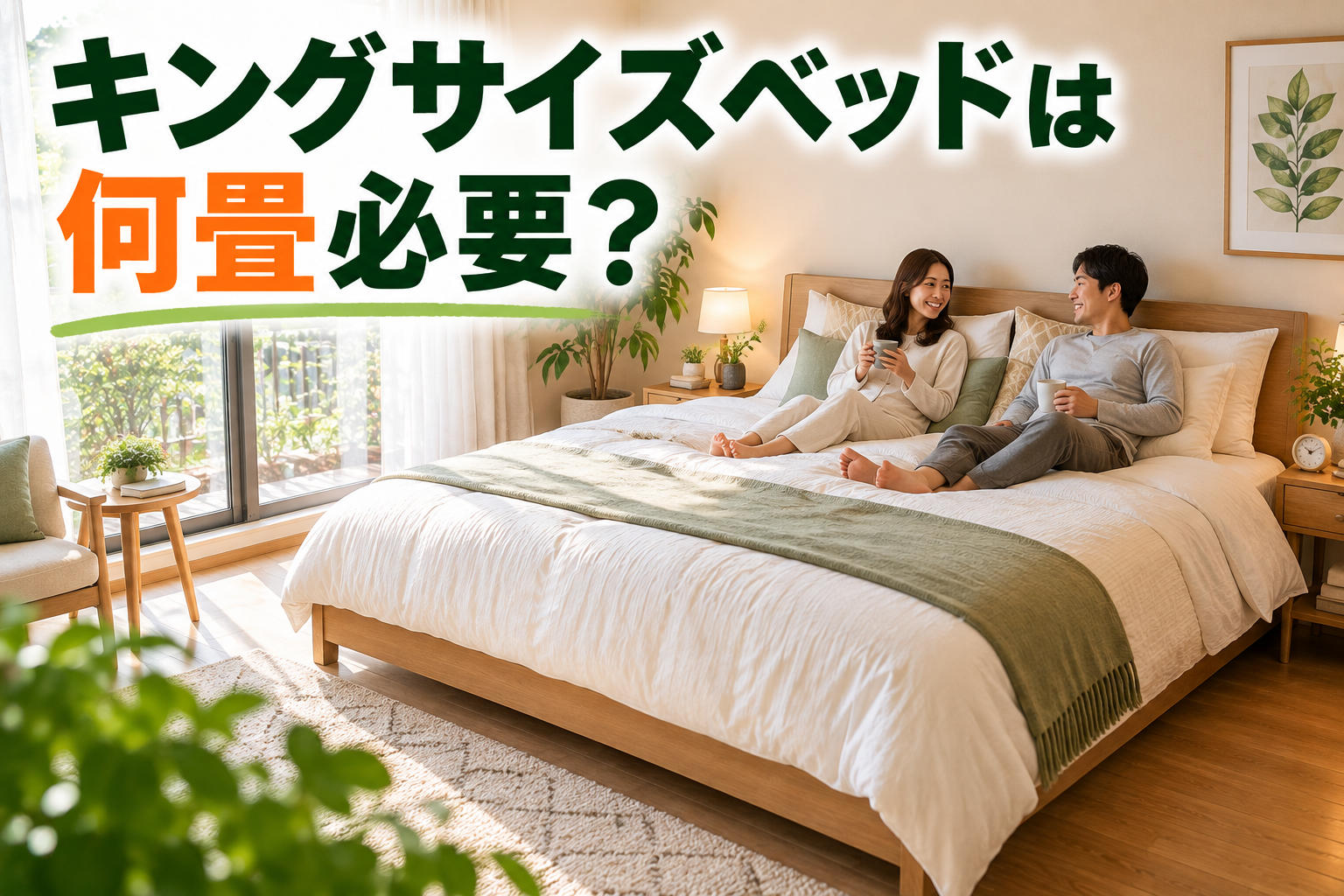 キングサイズベッドでくつろぐ夫婦と広めの寝室のイメージ