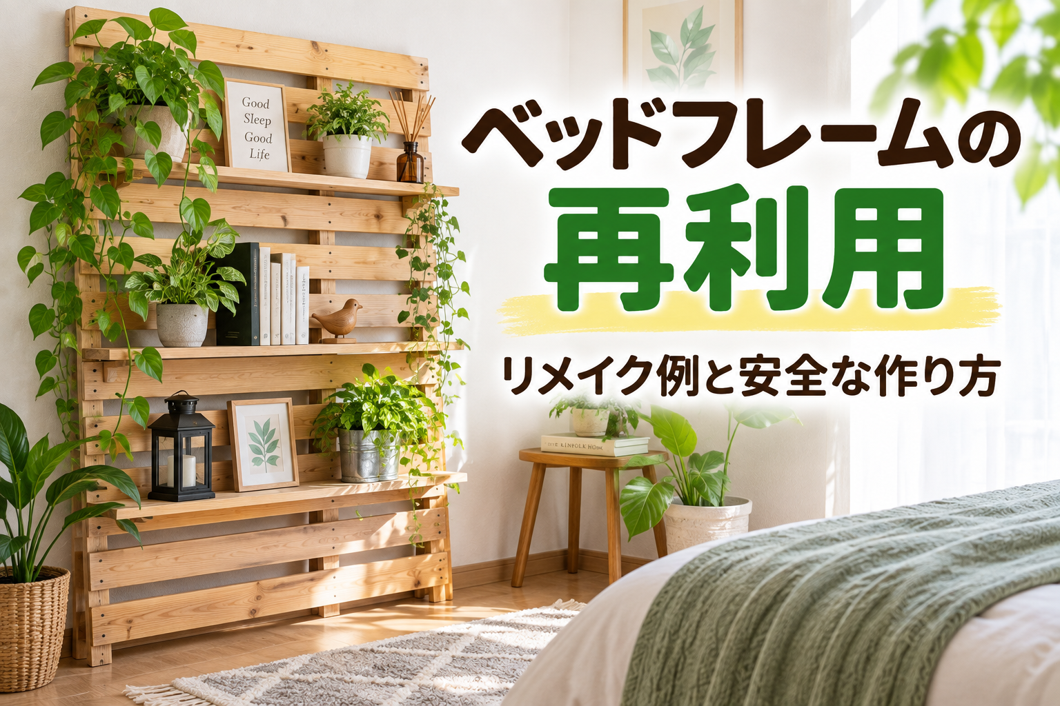 ベッドの床板のすのこを壁に立てかけて棚にした部屋のイメージ