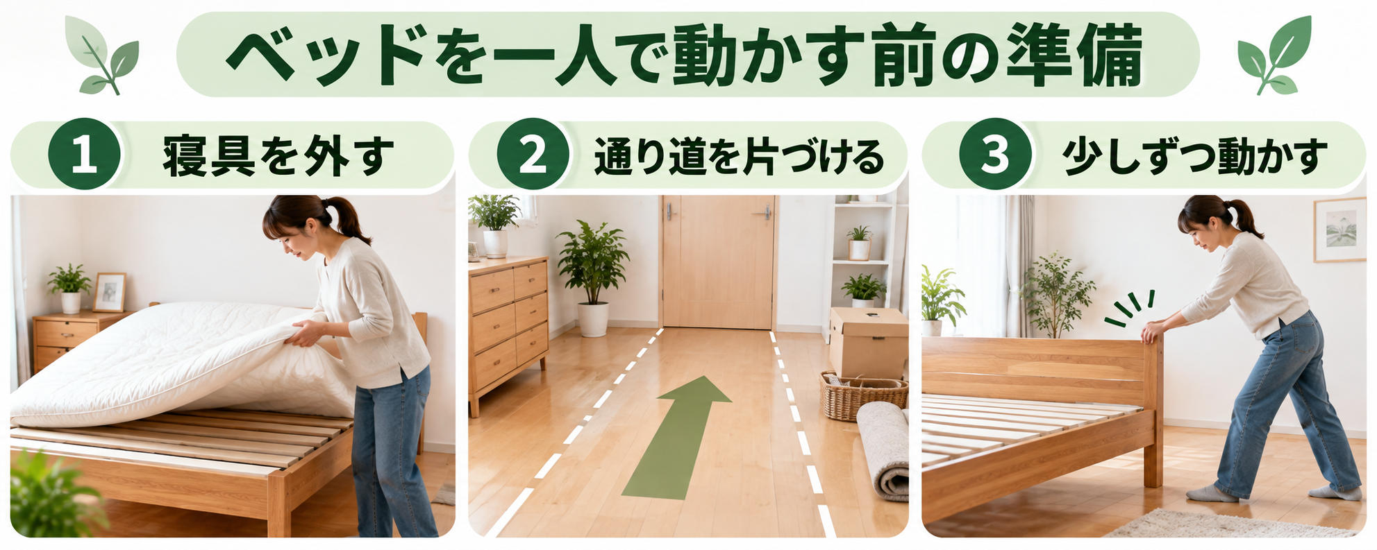 ベッドを動かす前の準備として、寝具を外す・通り道を片づける・少しずつ動かすことを示した図