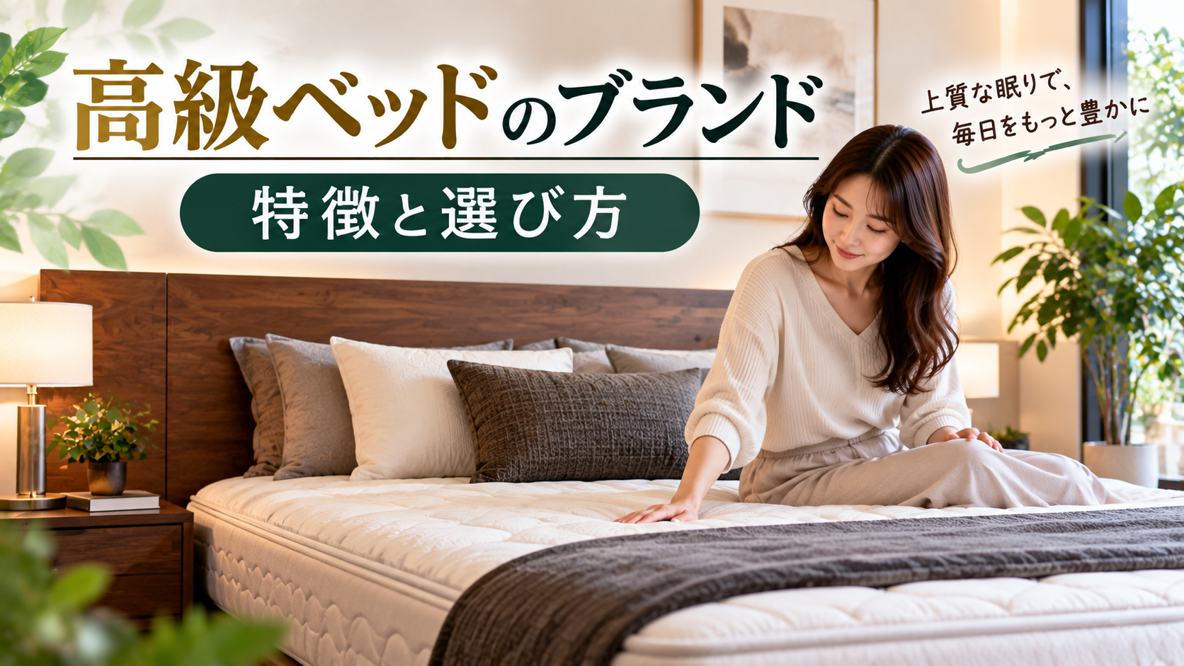 高級ベッドのマットレスの感触を確かめる女性のいる部屋のイメージ