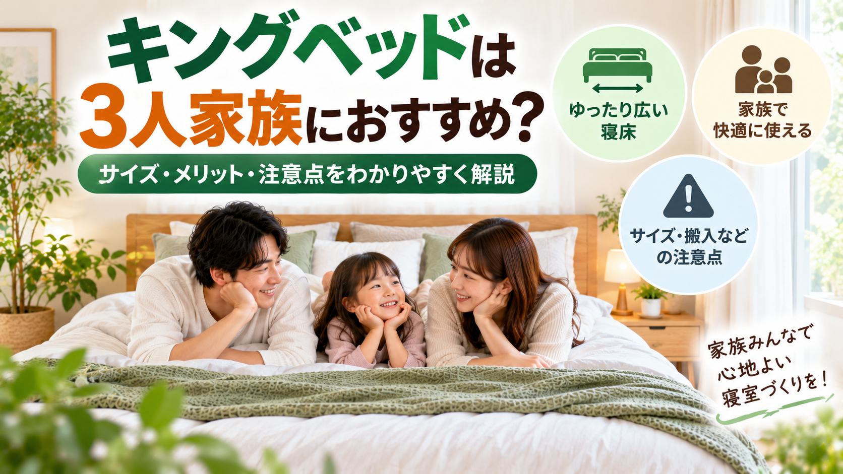キングベッドで過ごす両親と幼児の3人家族のイメージ