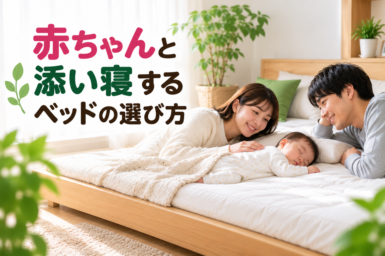 赤ちゃんと添い寝する低いベッドの寝室のイメージ