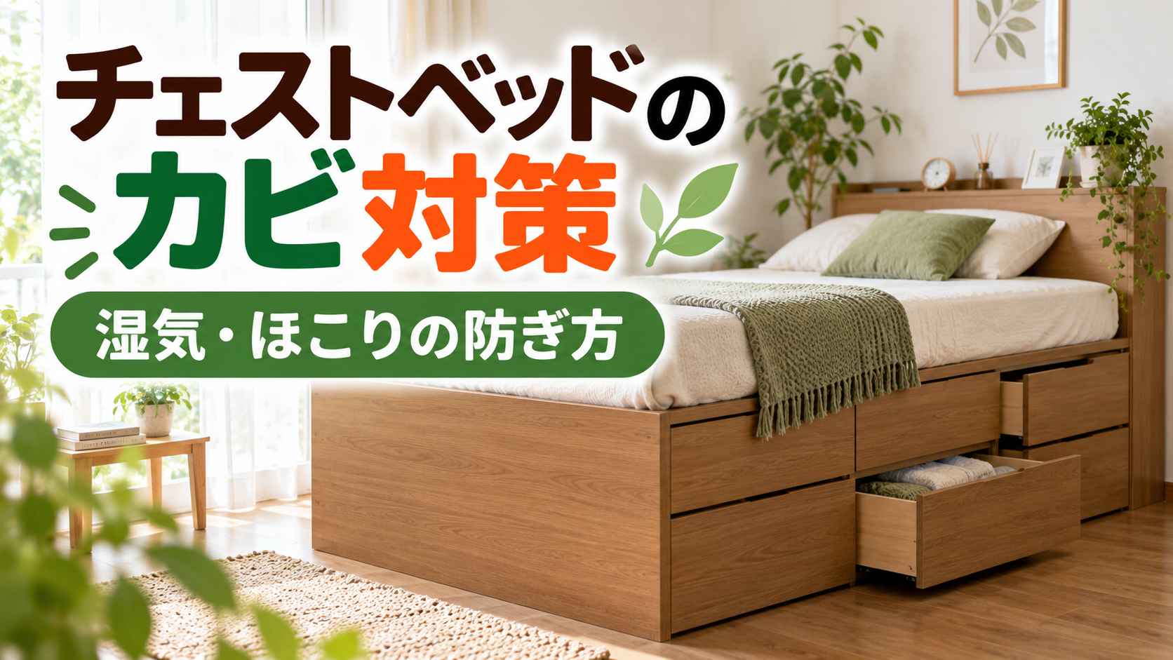 チェストベッドと観葉植物のある寝室のイメージ