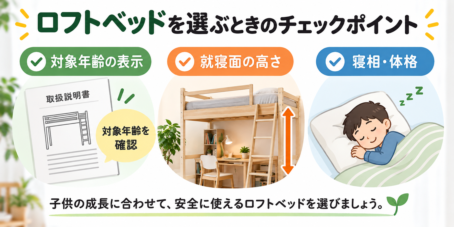 ロフトベッドを選ぶときに、対象年齢・就寝面の高さ・子供の寝相を確認する図