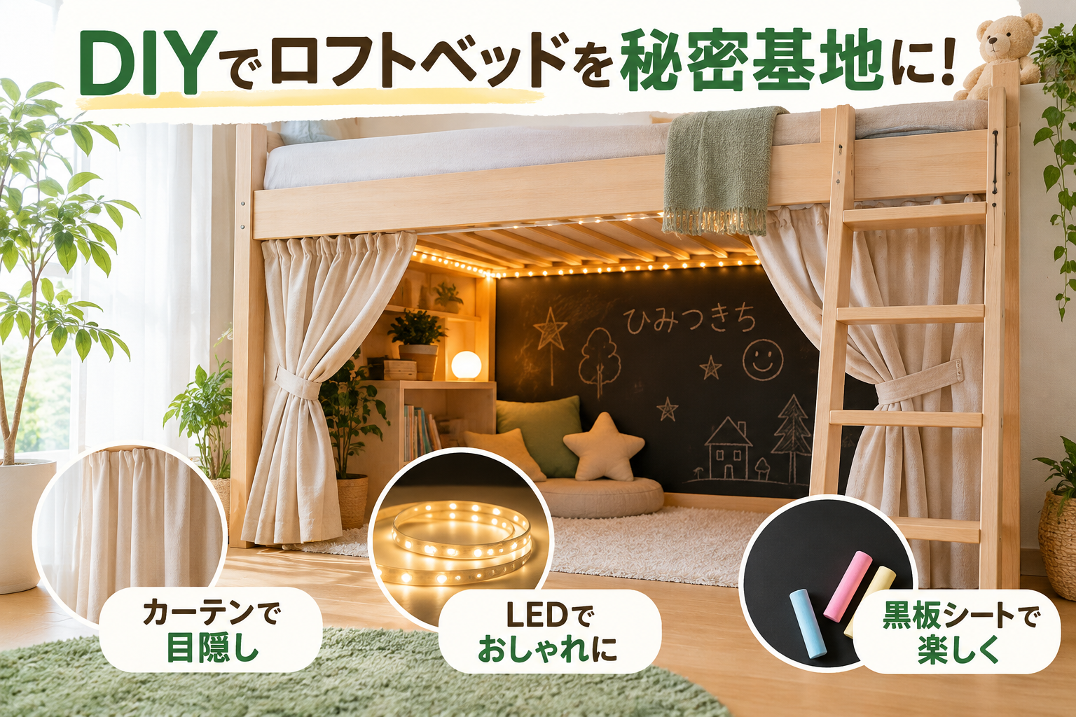 ロフトベッドを秘密基地にするDIY装飾ポイントの図解