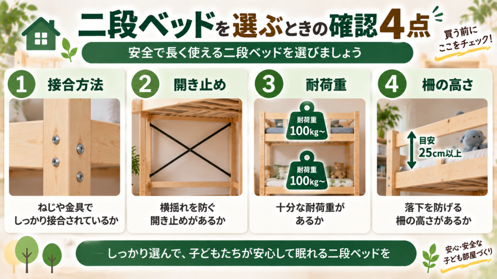 二段ベッドを選ぶときに、接合方法・開き止め・耐荷重・柵の高さを確認することを示した図