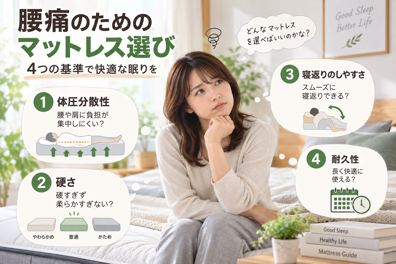 腰痛の女性がマットレス選び4つの基準を考えている