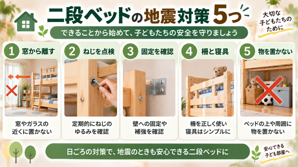 二段ベッドの地震対策として、置き場所・ねじの点検・固定・柵と寝具・周囲の物を示した図