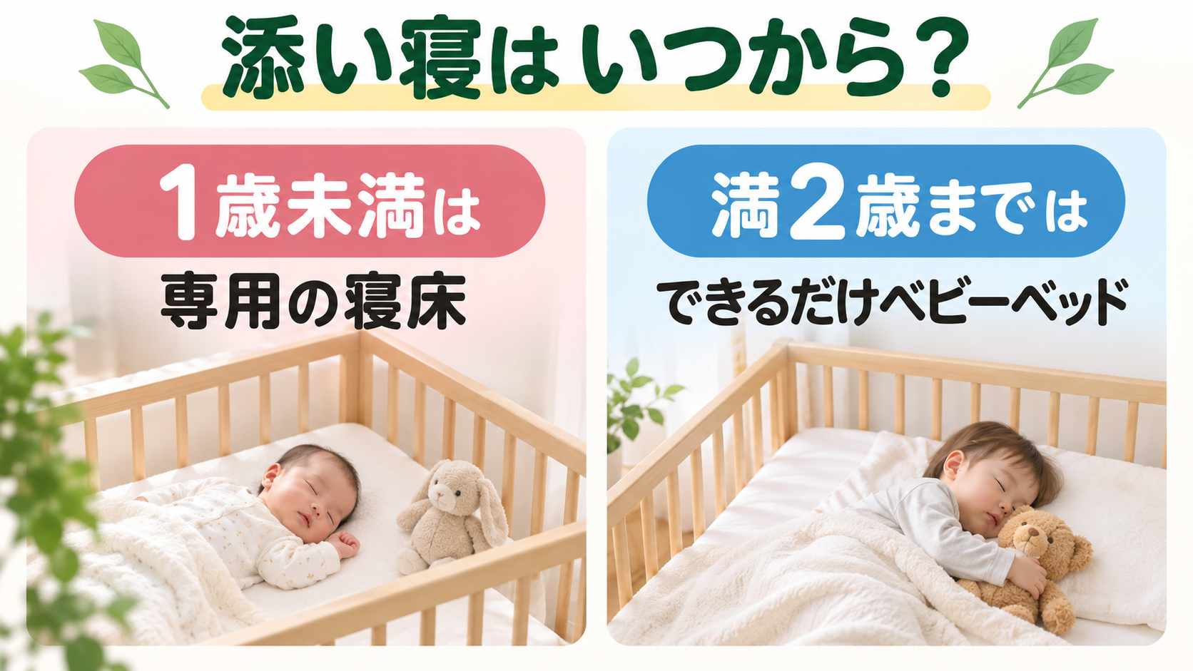 1歳未満は専用の寝床、満2歳まではできるだけベビーベッドが案内されていることを示した図