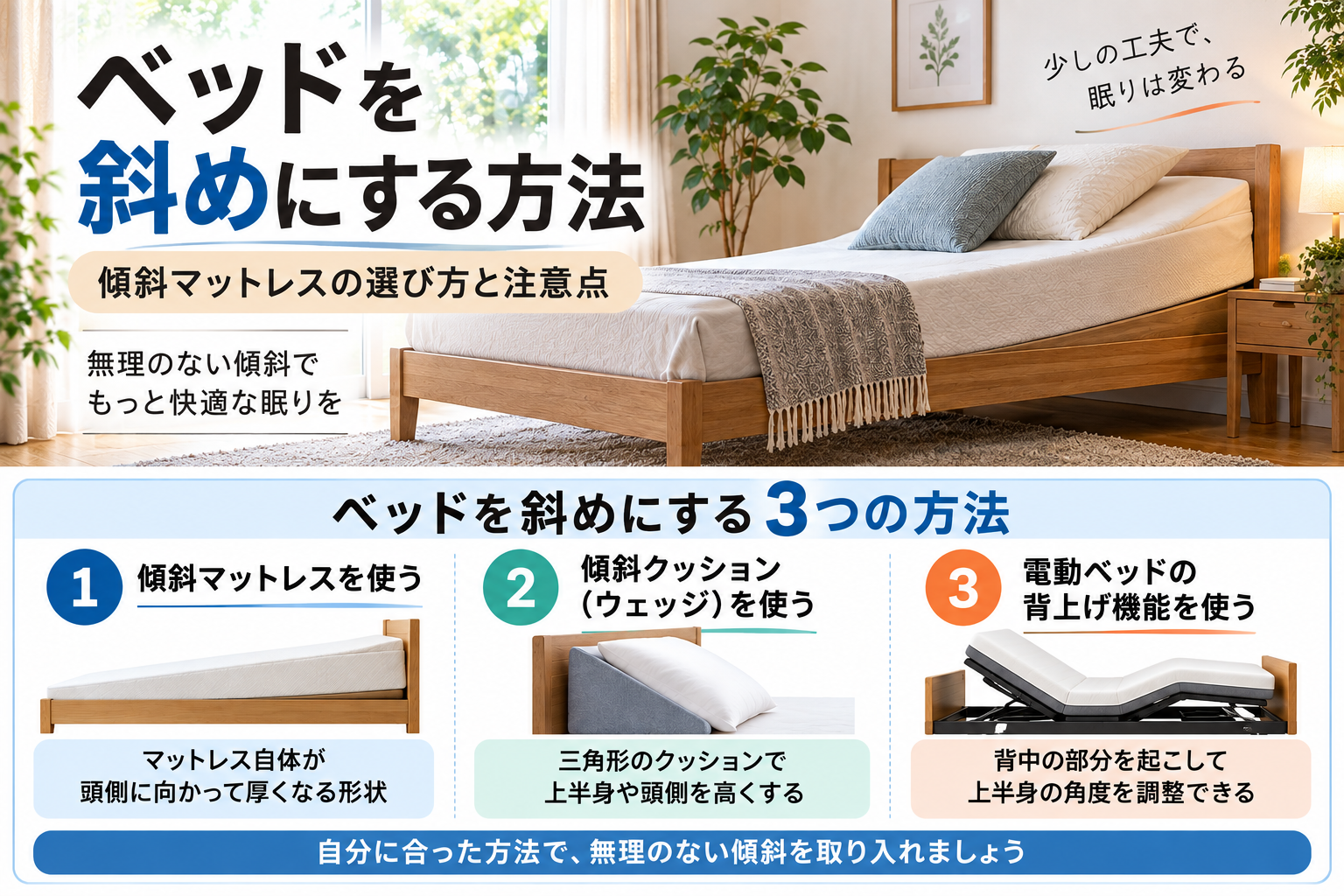 ベッドを斜めにする3つの方法を示した傾斜マットレス・傾斜クッション・電動ベッドの比較図