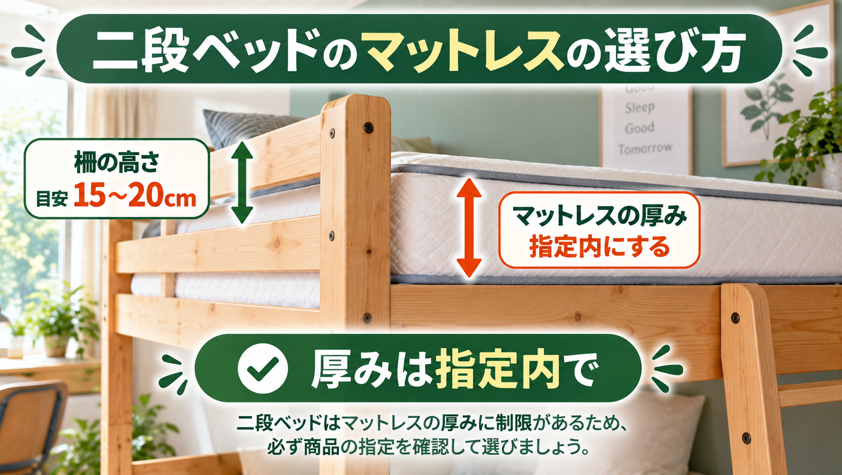 二段ベッドのマットレスの厚みと柵の高さの関係