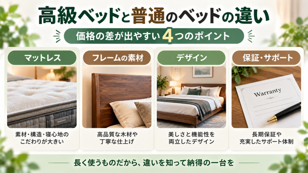 高級ベッドと普通のベッドで差が出やすい、マットレス・素材・デザイン・保証を示した図
