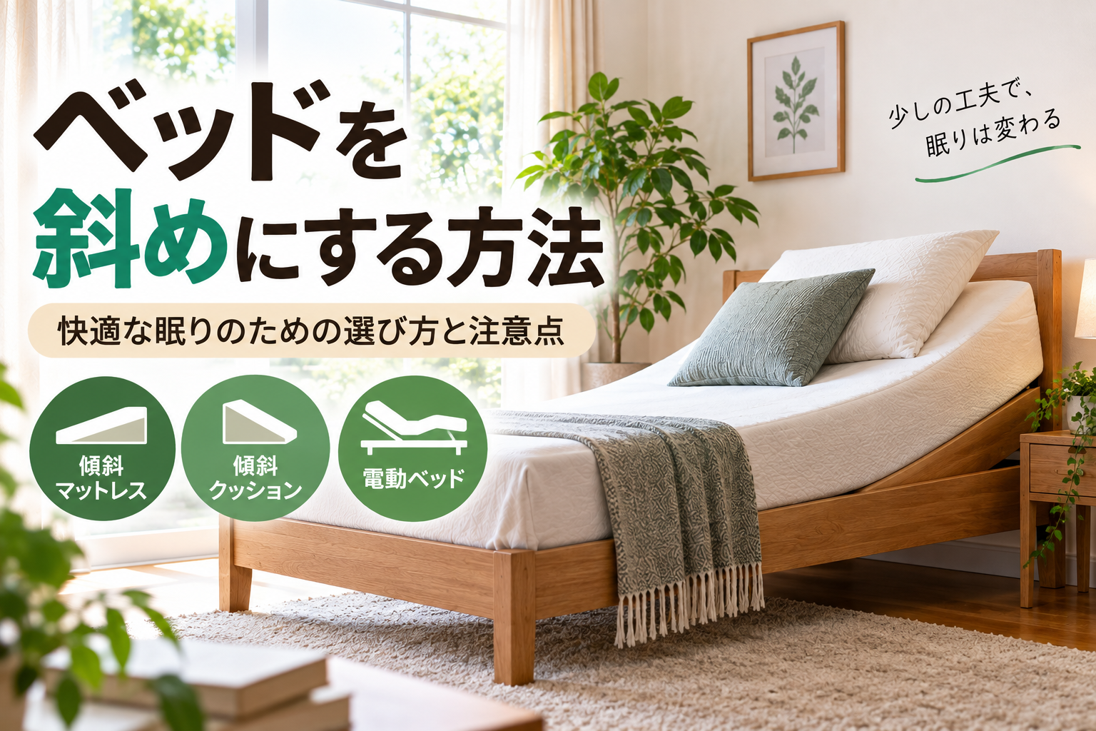 頭側を高くしたベッドと傾斜マットレス・傾斜クッション・電動ベッドを示したイメージ