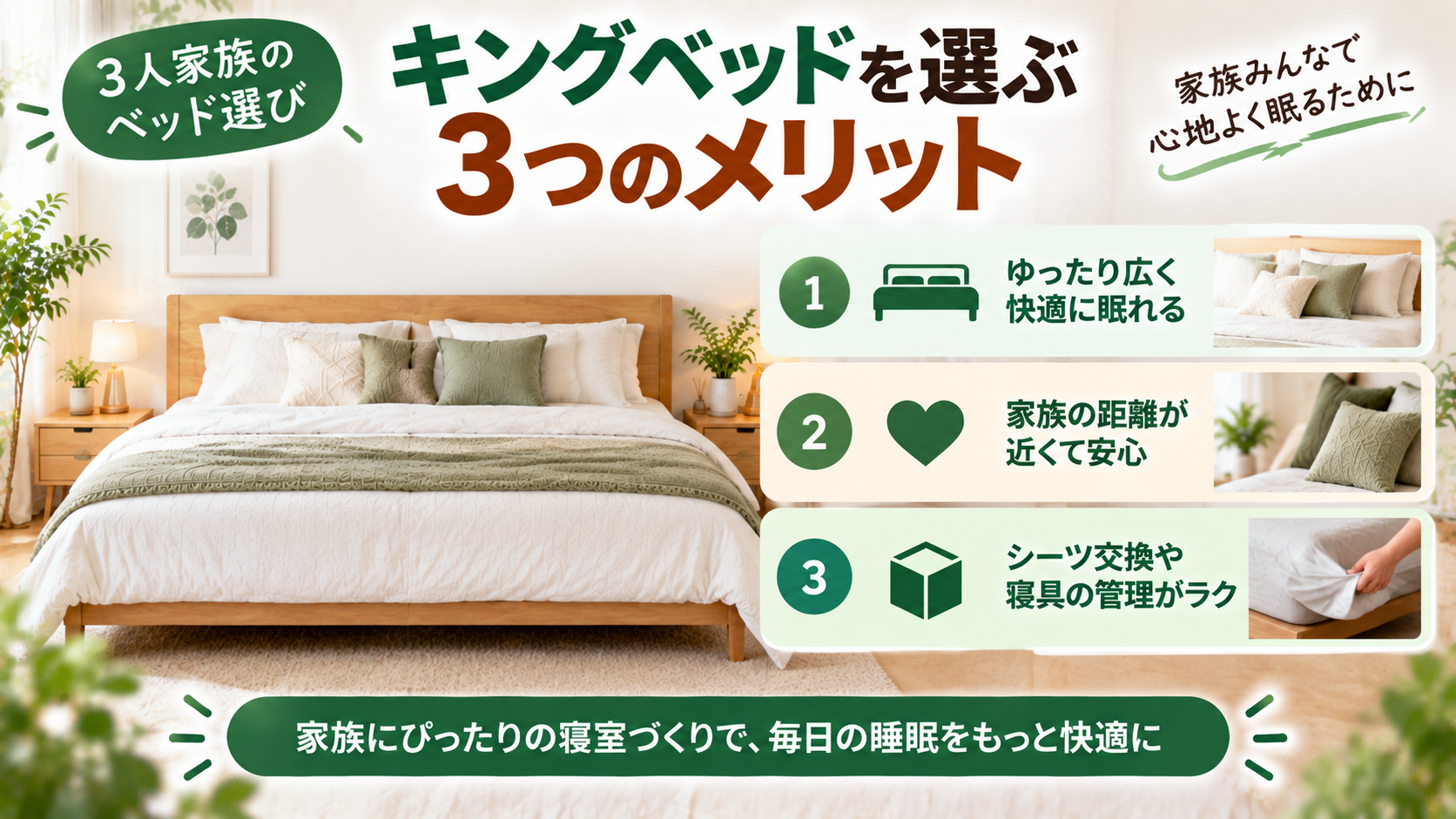 3人家族でキングベッドを選ぶときのポイントを示した図
