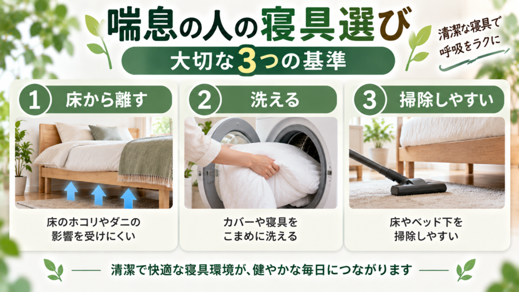 喘息の人の寝具選びの基準として、床から離す・洗える・掃除しやすいことを示した図