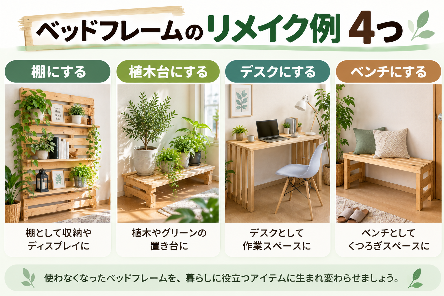 ベッドフレームのリメイク例として、棚・植木台・デスク・ベンチを示した図