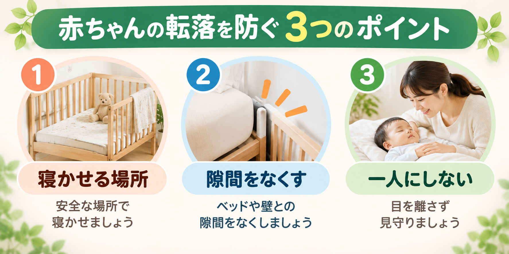 赤ちゃんの転落を防ぐ3つのポイントを示した図