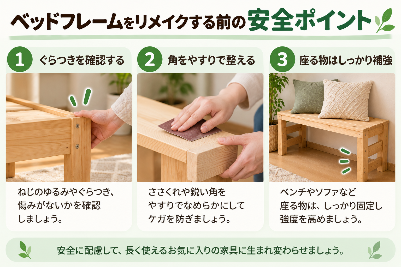 ベッドフレームをリメイクする前の安全ポイントとして、ぐらつき確認・角の処理・補強を示した図