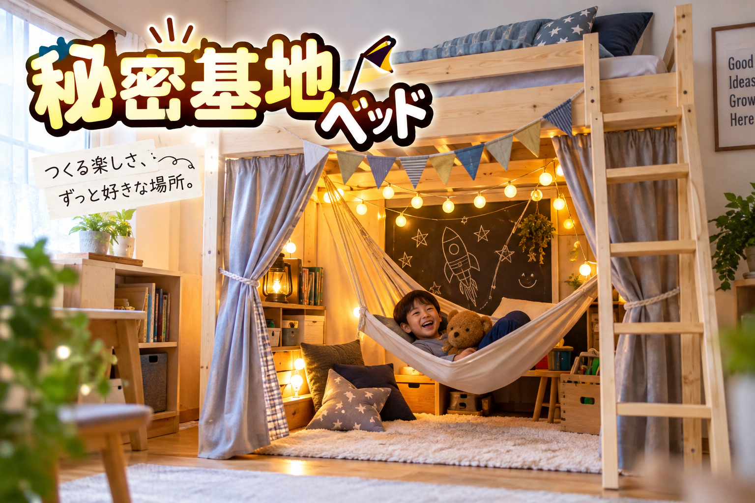 ロフトベッドをDIYで秘密基地風にした子供部屋のイメージ