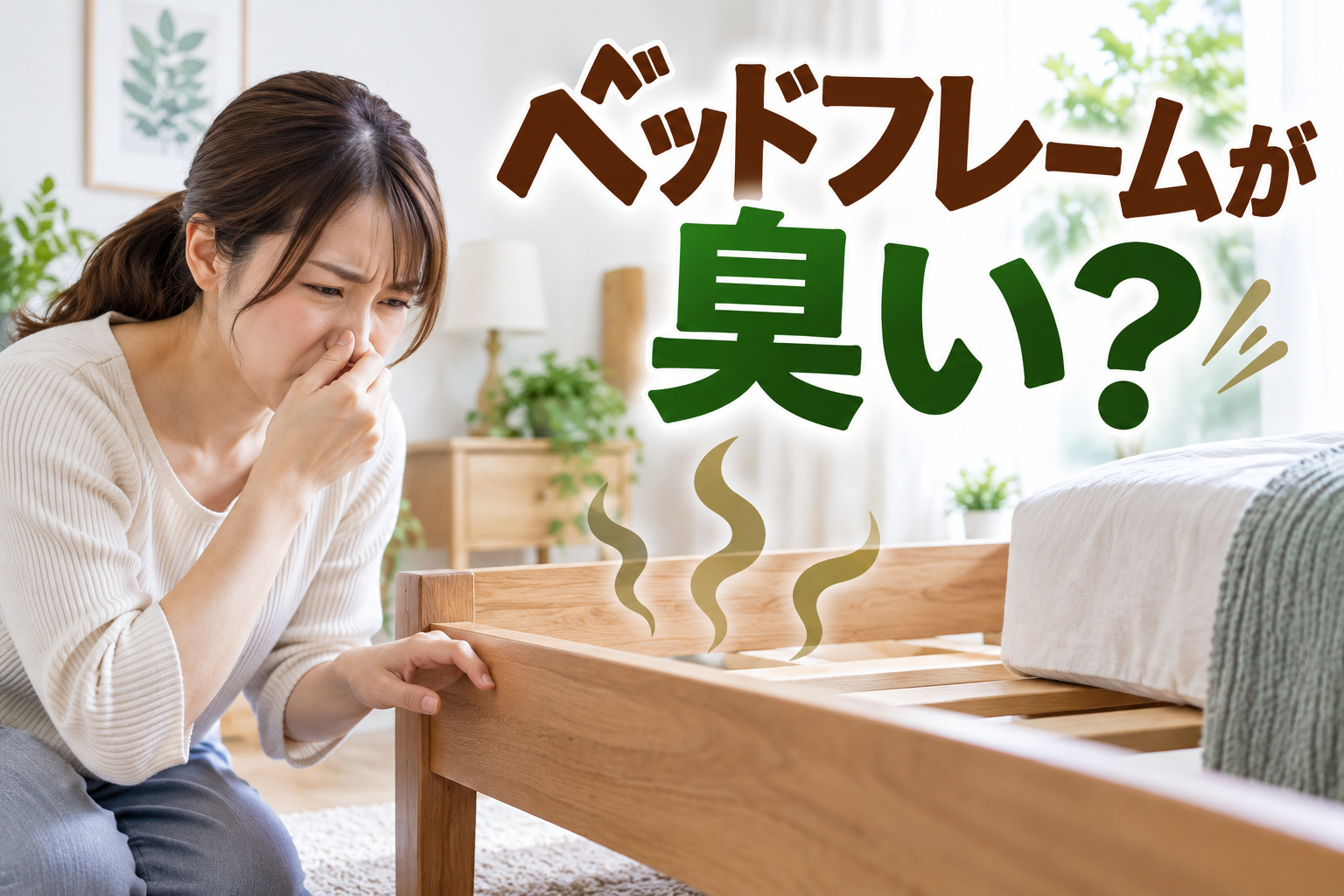 木製ベッドフレームの臭いを気にして鼻を押さえる女性