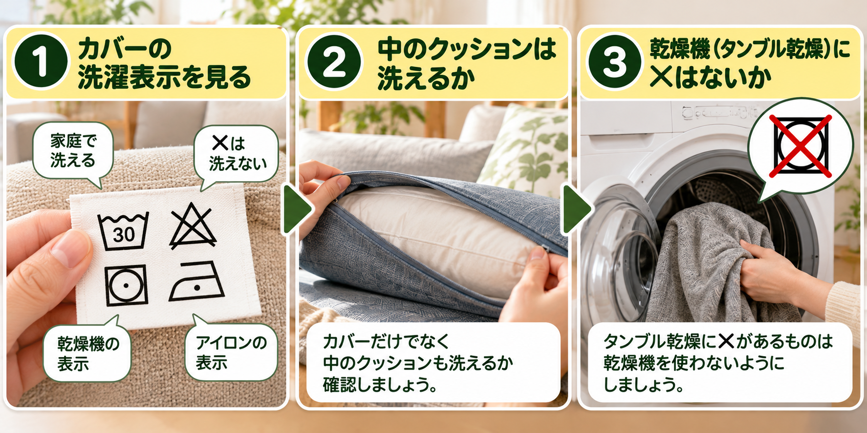 2人掛けソファの洗えるカバーで見る洗濯表示を示した図