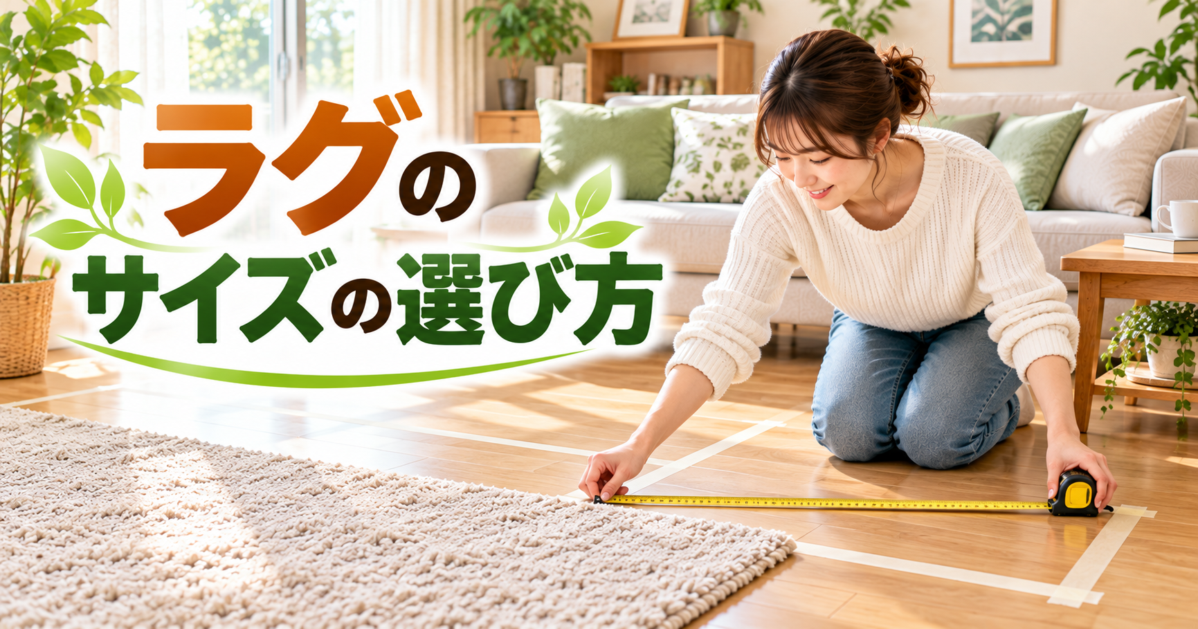 明るいリビングでソファ前のラグのサイズを測る女性