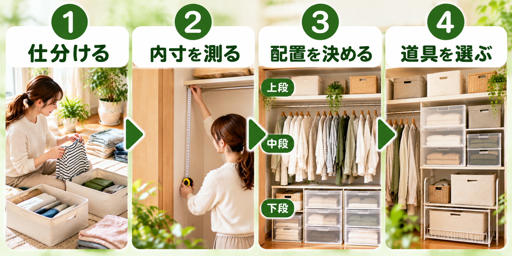 クローゼット収納の4つの順番を示した図
